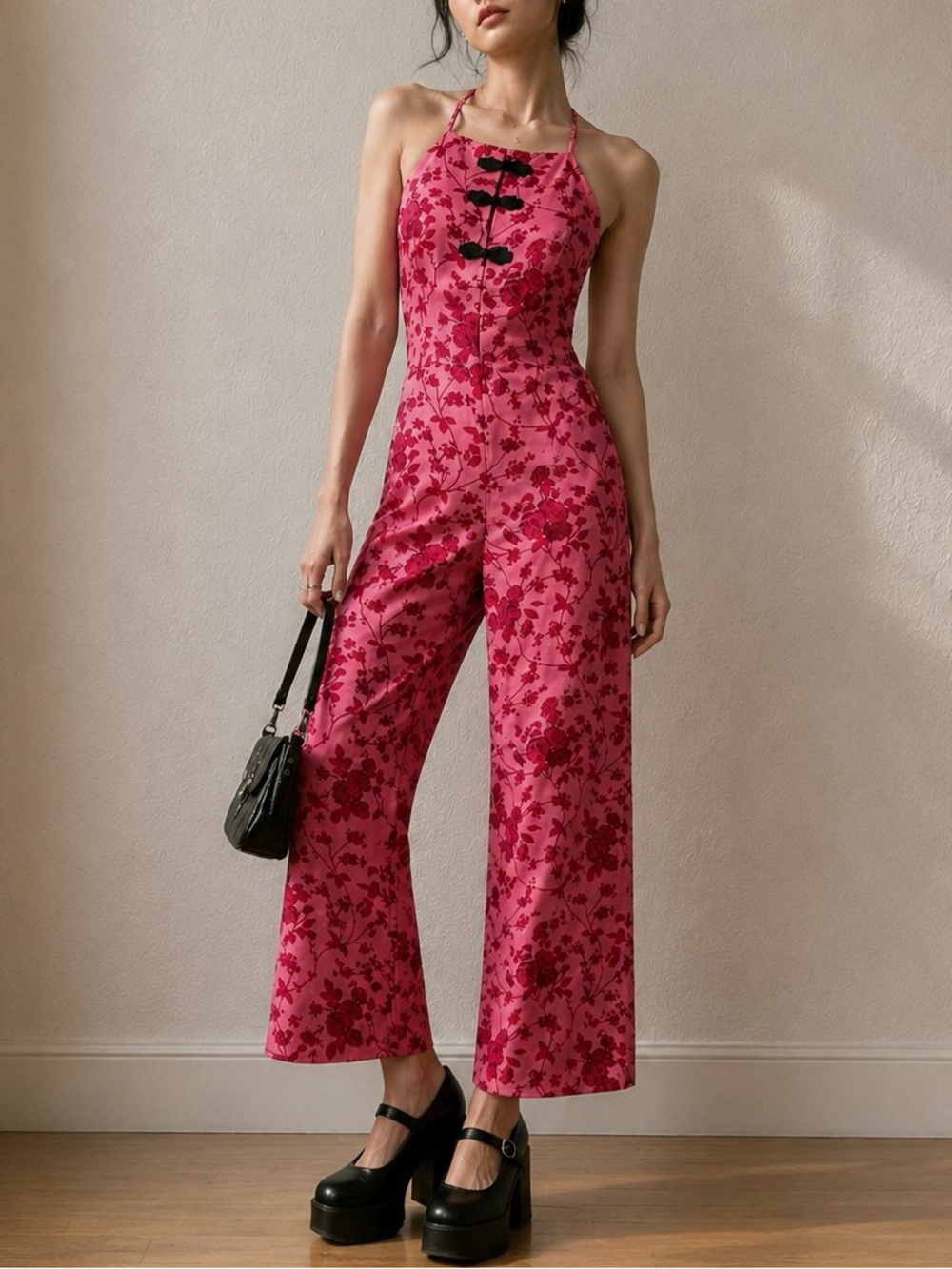 Pomelo pink floral halter jumpsuit coquette y2k asian-inspired wide leg romper